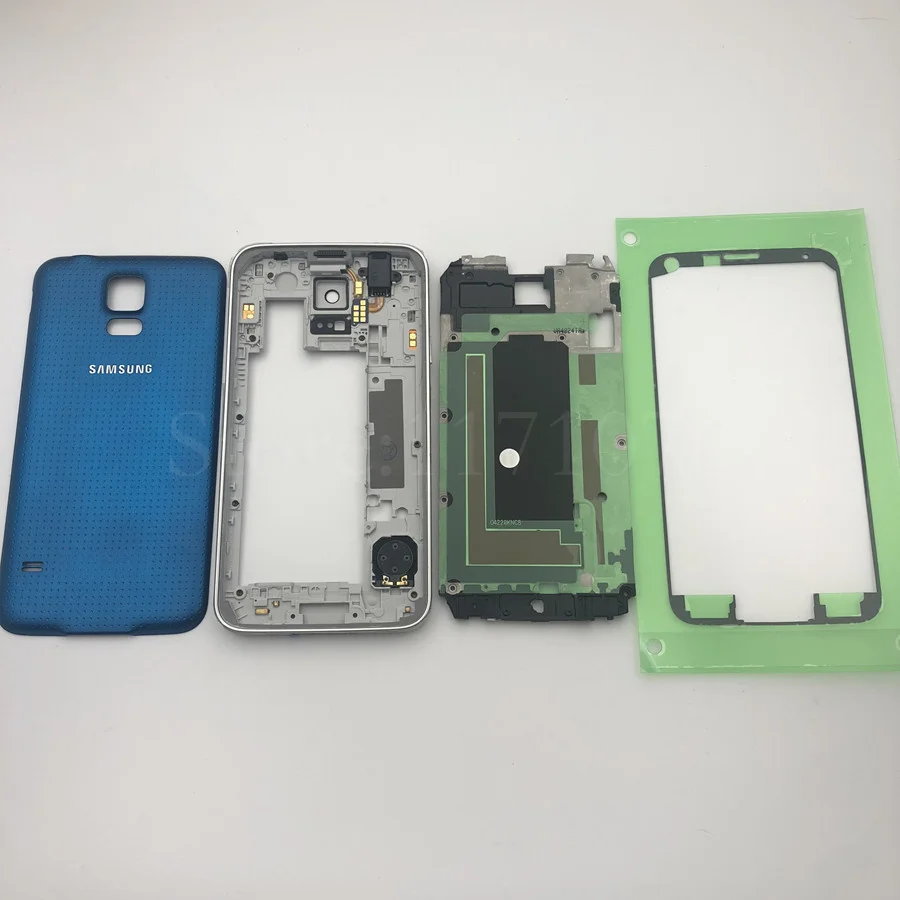 blue Полный комплект для samsung Galaxy S5 G900 I9600 G900f Корпус Передняя пластина Кронштейн+ средняя рамка+ задняя крышка чехол+ клей - Цвет: blue