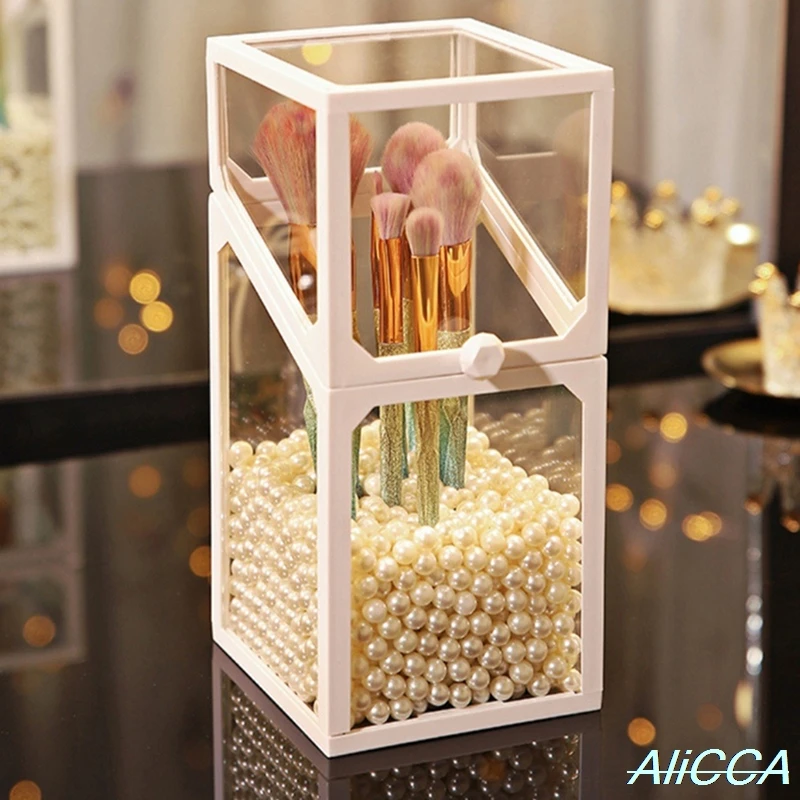 Glass Makeup Brush Box Dustproof Lid Cosmetic Brush Organizer Storage Rack Nail Quadrilateral cosmetic brush storage bucket