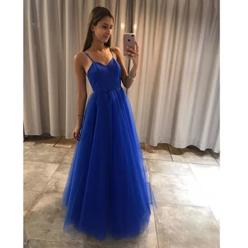 

Royal Blue Simple Prom Dress 2020 Tulle A-line Spaghetti Straps Girls Long Graduation Gowns Women Backless Wedding Formal Party