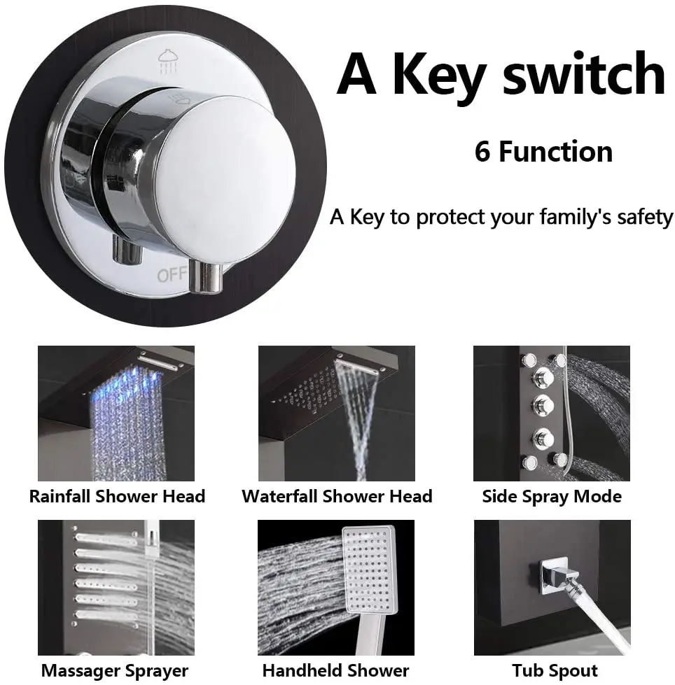 OUIO Black Shower Panel Wall Mounted LED Rainfall Waterfall Shower Head Rain Massage Stainless Steel Bathroom Shower Panel 5