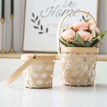 

1PC Flowerpot Handle Durable Ceramic Bamboo Basket Potted Plant Container Bonsai Pot Succulent Planter for Windowsill Balcony