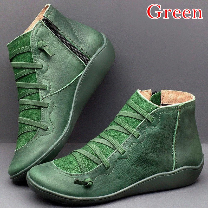 Женские ботильоны из искусственной кожи; женские Винтажные ботинки в стиле панк с перекрестными ремешками; сезон осень-зима; женская обувь на плоской подошве; botas mujer - Цвет: green