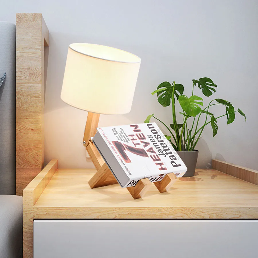 Candeeiro de Mesa com Pano Mesa de Madeira Thrisdar Nordic Deformável Robô Abajur Criativo Quarto Cabeceira Luz Leitura E27 9 Luzes noturnas