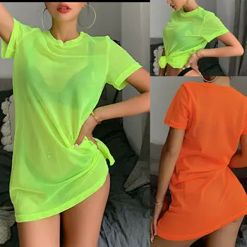 

Sexy Women Sheer Mesh Bikini Cover Up Summer Beach Dress Swimwear Swimsuit Bathing Suit See Through Short Sleeve T-shirt Tops