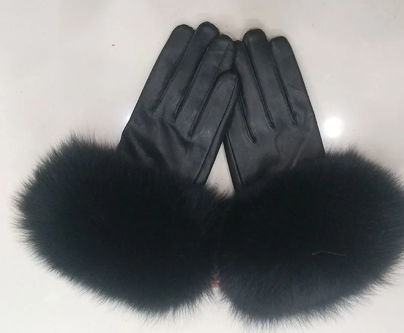 Женские роскошные перчатки из натуральной кожи с манжетами из натурального меха лисы, женские теплые зимние перчатки из натуральной кожи, женские повседневные теплые перчатки - Цвет: Черный