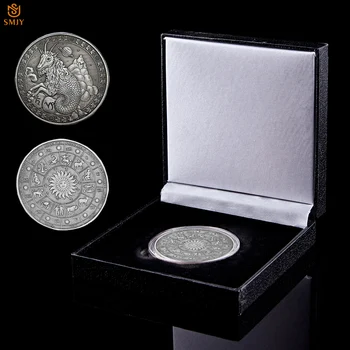 

Antique Silver Coin Euro Twelve Constellation Capricorn Astrology Globe Embossed Metal Challenge Coin Collection W/Luxury Box