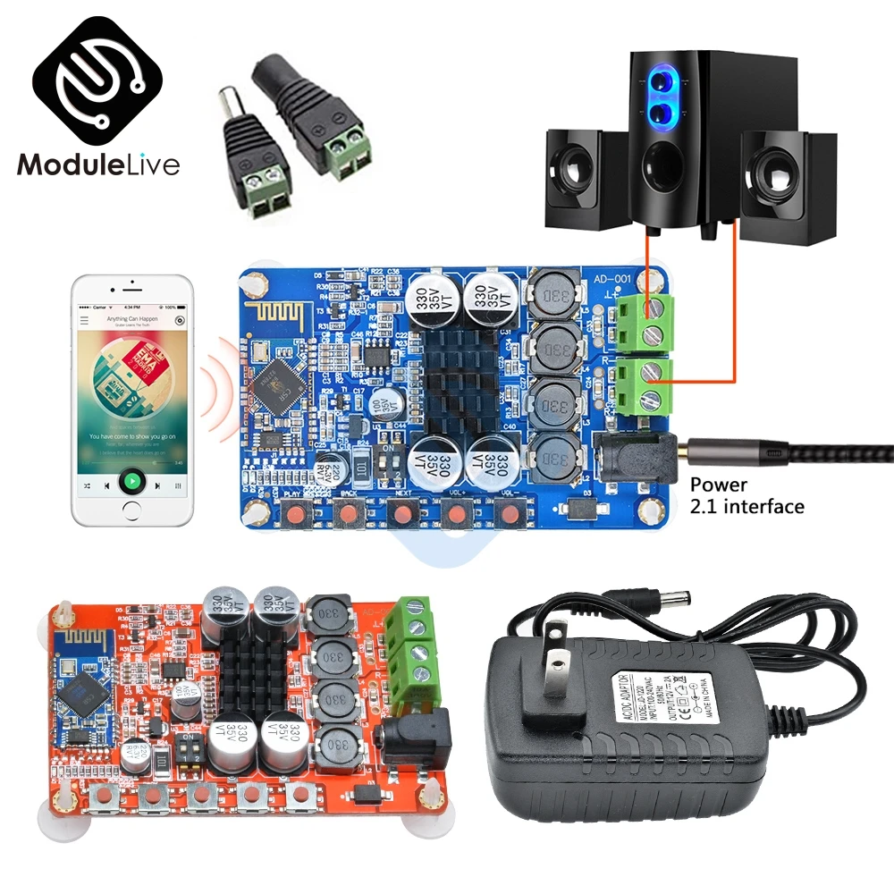 New 1 Set TDA7492P Bluetooth 4.0 Power Amplifier Board Module 2X50W Red Blue+12V 2A Power Adapter US Plug +TV Conversion Adapter