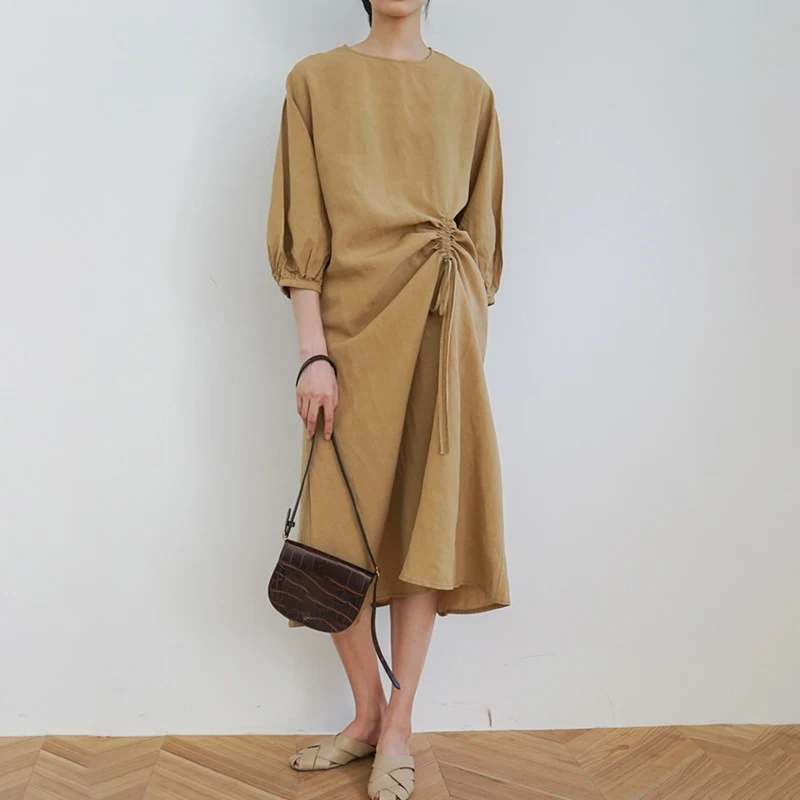 

[EWQ]o Neck Flax Tencel Drawstring Folds Loose Puff Sleeve Feminina Dresses 2019 Autumn New High Quality Women Khaki Dress QK294