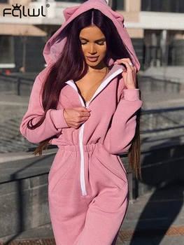 

FQLWL Casual Autumn Winter Long Sexy Bodycon Jumpsuit Women Overall Long Sleeve Zipper Pink Black Rompers Womens Jumpsuit Female