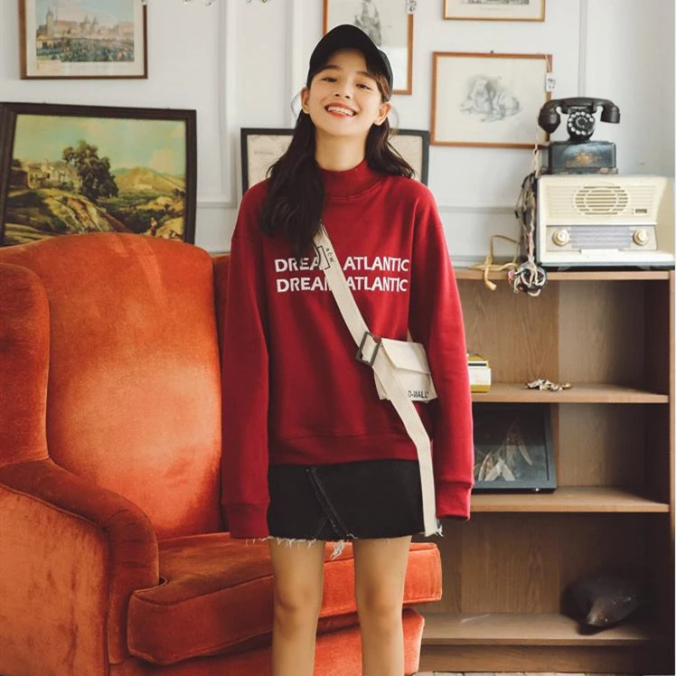 

style sweatshirts 2019 autumn and winter with new letter embroidery high collar long sleeve plus velvet sweatshirt female