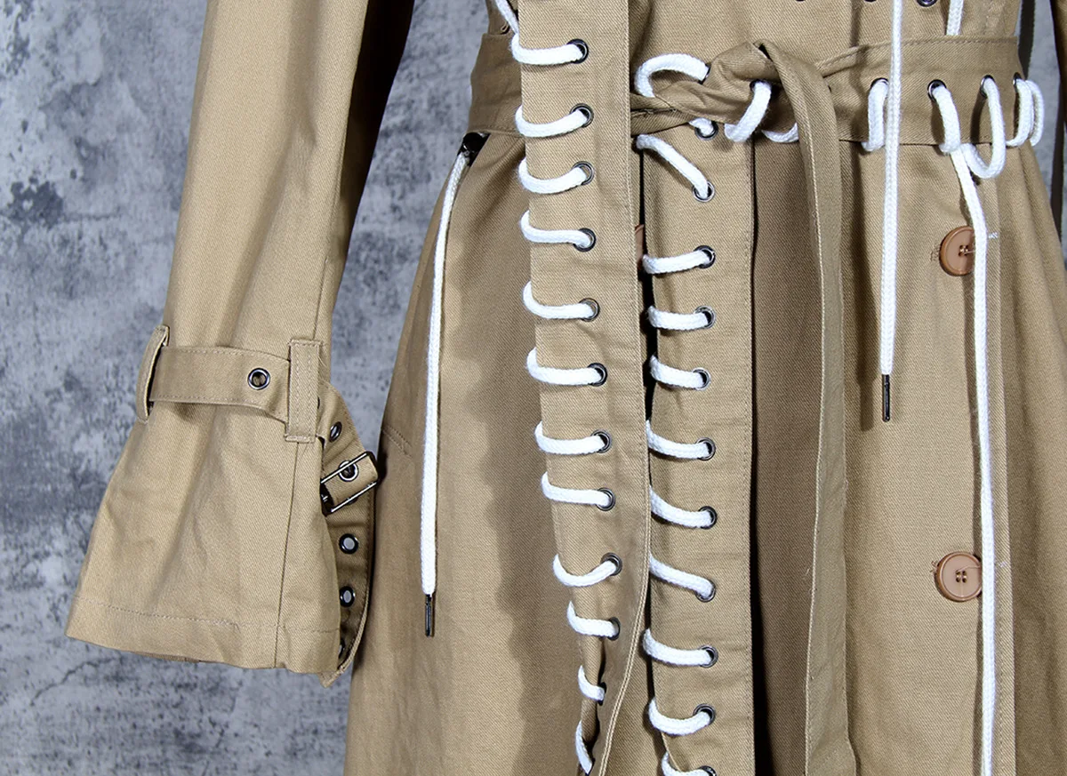Хаки веревка ветровка 19 осень новые женские длинные выше колена Свободный Тонкий темперамент Drawstring дизайн куртка