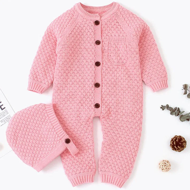

Baby Romper Jumpsuit Autumn And Winter Button-open Knitted Jumpsuit To Keep Warm Cotton New Born Baby Clothes Outfit