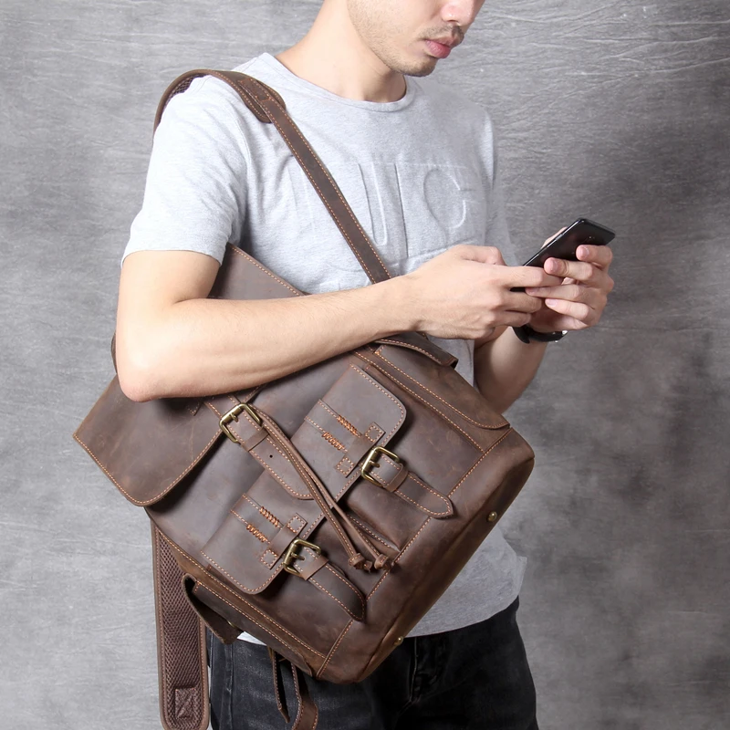 Мужской рюкзак из натуральной кожи, большой емкости, классический рюкзак ручной работы, дизайнерский винтажный высококачественный рюкзак из воловьей кожи