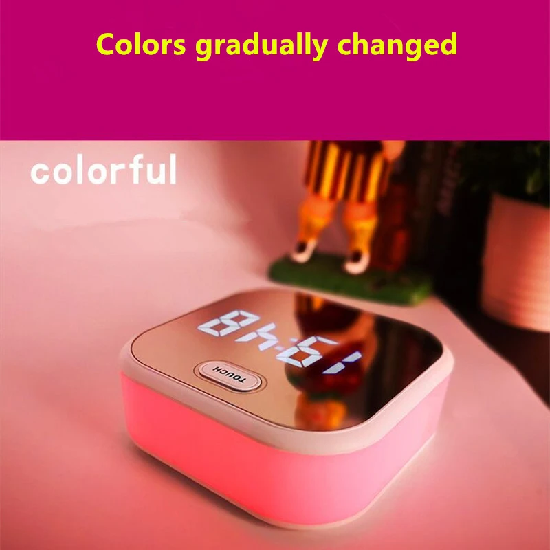 Night Light Alarm Clock, Temperature Led Mirror Clock with Voice Control Memory Function Brightness Dimmer Colorful Bedside Li