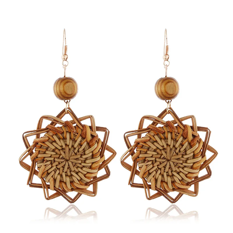 

Retro Rattan Weaving Geometry Sun Flower Earrings Fashion Holiday Ethnic-Style Photo Shoot Ear Rings DIY Earrings