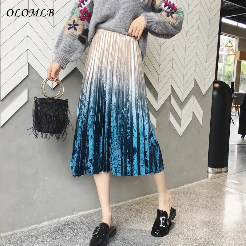 OLOMLB Новинка осень зима элегантные с высокой талией обтягивающие женские длинные градиентные бархатные юбки трапециевидной формы плиссированные школьные миди юбки