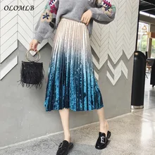 OLOMLB Новинка осень зима элегантные с высокой талией обтягивающие женские длинные градиентные бархатные юбки трапециевидной формы плиссированные школьные миди юбки