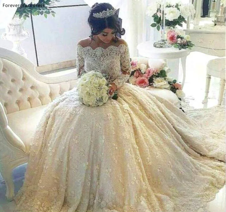 PICTURE COLOR Винтажное кружевное ТРАПЕЦИЕВИДНОЕ свадебное платье Дубай с открытыми плечами с длинными рукавами свадебное платье на заказ большие размеры - Цвет: PICTURE COLOR