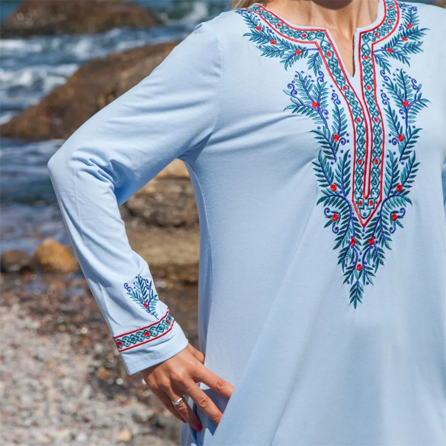 Siskakia Vintage Ethnic Chic Embroidery Dress Brief Elegant O Neck Long Sleeve Maxi Dresses Light Blue Muslim Ramadan Clothes (1)