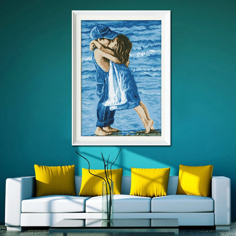 Handmade Art DIY Embroidery Cross Stitch Needlework Printed Kiss Embrace Sea Childhood Cross-Stitching sets Home Decoration