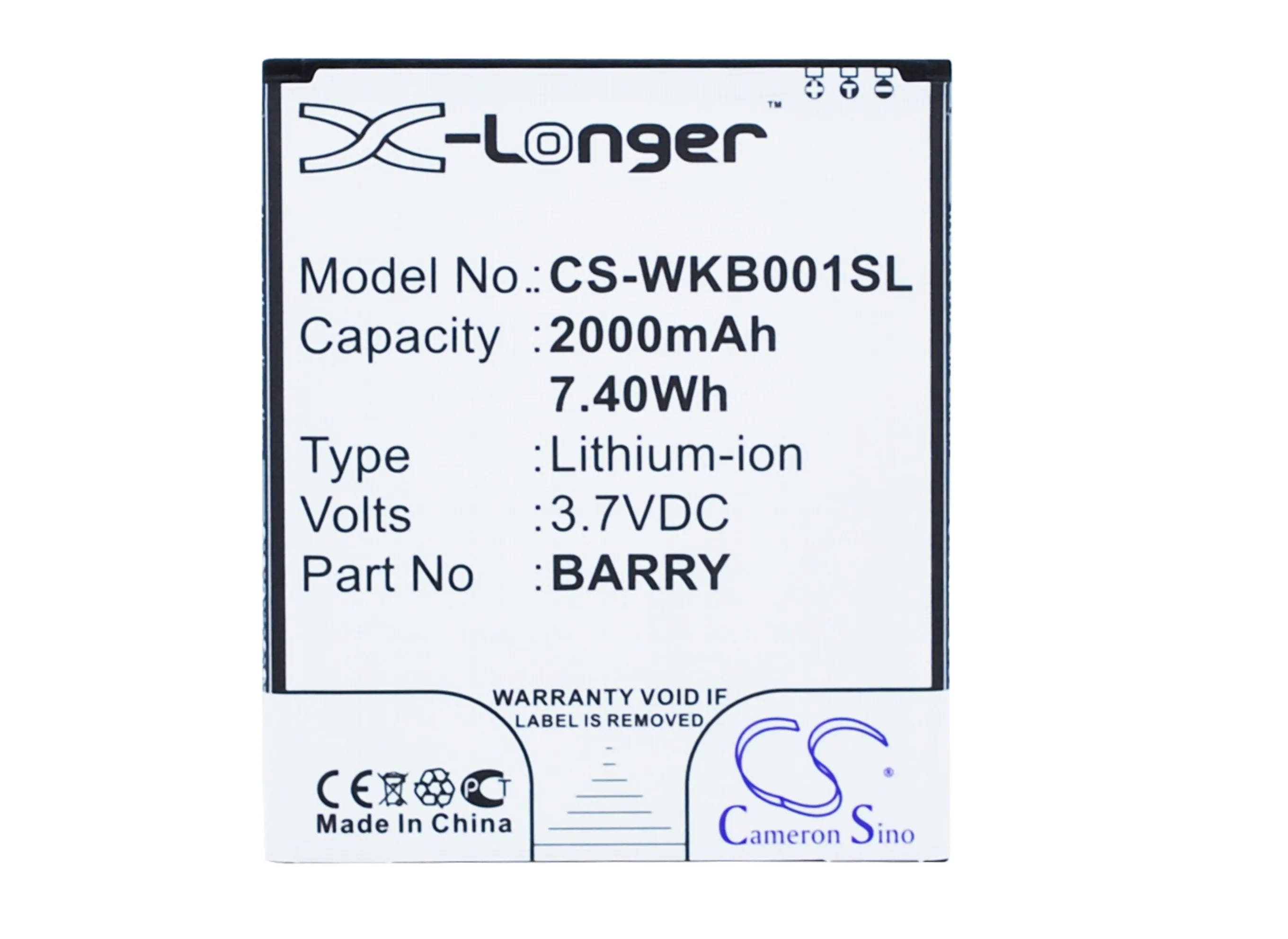Обновленная батарея Cameron Sino для Wiko BARRY Barry, Barry Dual SIM 2000 mAh/7.40Wh