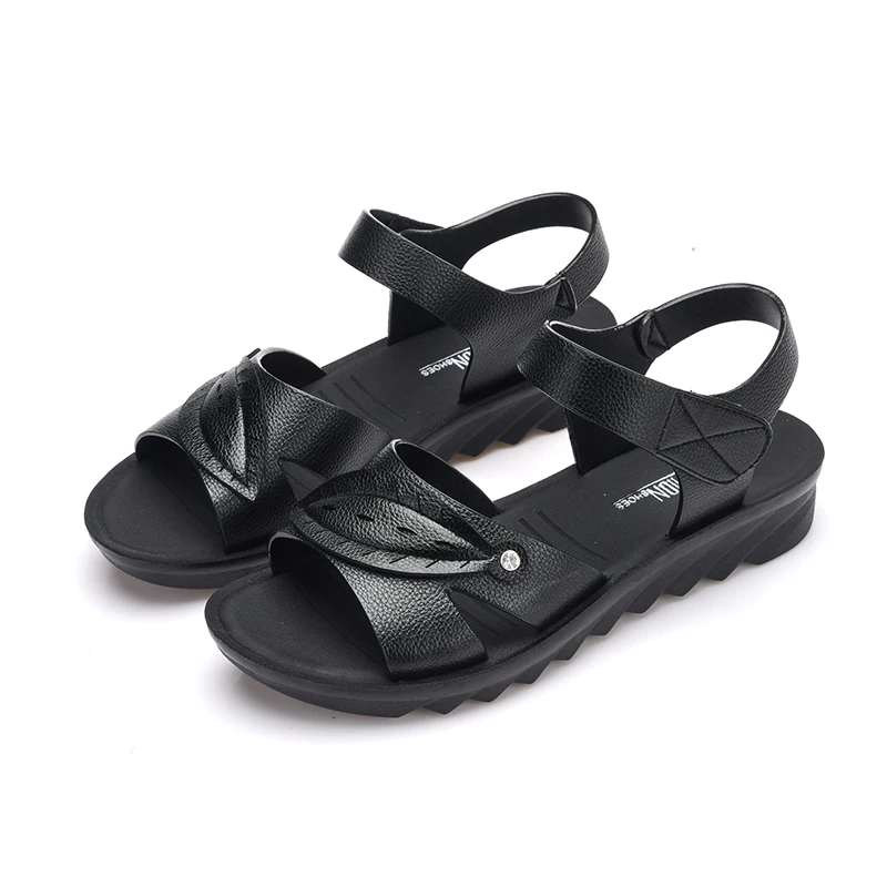 Summer Women Sandals New Fashion Genuine Leather Women Open Toe Non-slip Black Platform Sandals Mother Casual Flat Beach Sandals
