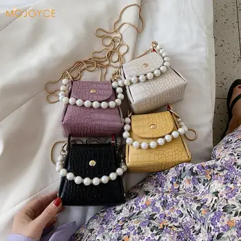 

Alligator Pattern Women Mini Shoulder Bags Solid Color Messenger Pearl Female Chain Satchel PU Leather Tote Handbag