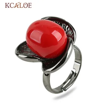 

KCALOE Black Gold Color Open Ring Red Simulated Coral And White Shell Pearl Adjustable Size Flowers Big Rings For Women Bague