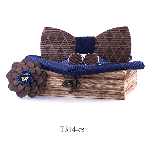 Деревянная дизайнерская деревянная брошь для галстука-бабочки ручной работы, деревянная коробка, набор для свадебной вечеринки, банкета, носовые платки запонки, цветы с отворотом - Цвет: T314-C5