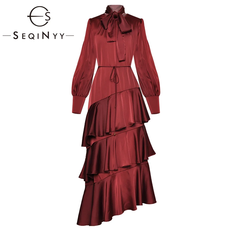 

SEQINYY Elegant Dress 2020 Summer Spring New Fashion Design Long Sleeve Cascading Ruffles Loose Midi Dress