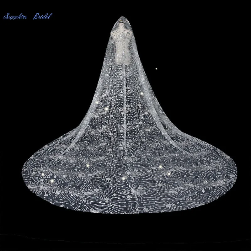 

Sapphire Bridal White Cut Edge 3.8*3m Wedding Veil Long 1 Layer Printed Pattern Sequin Bridal Veil Wedding Accessories