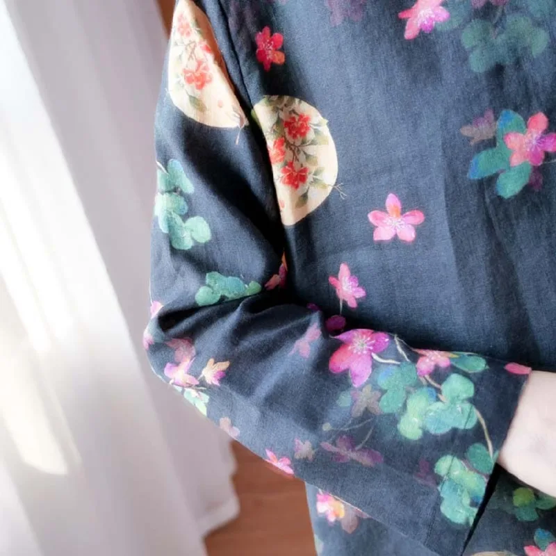 Cotton Linen Cheongsam Top Women Printing Retro Chinese Style Shirt Hanfu Zen China Traditional Tang Suit Blouses Femme Harajuku
