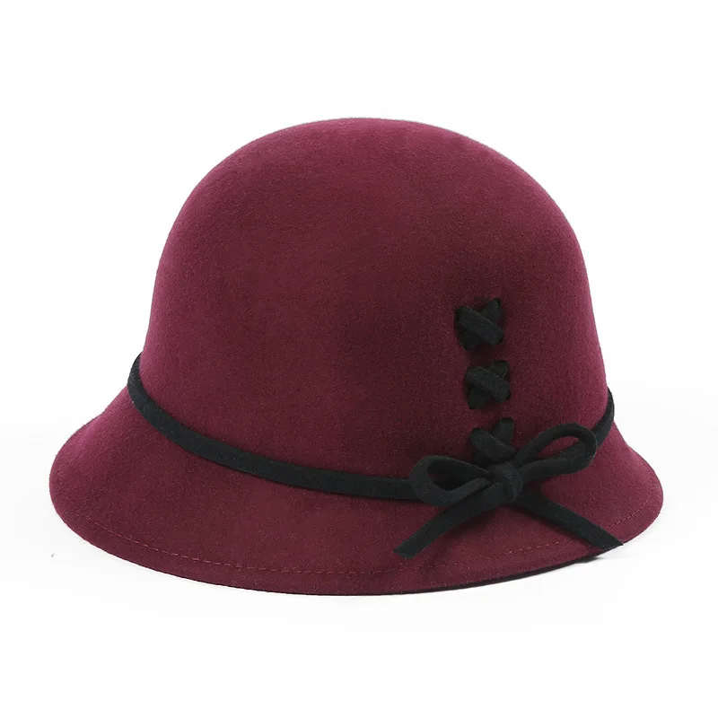Wine Red FS, женская кепка-котелок, элегантная, шерсть, Клош, шляпы, красные, черные, фетровые, винтажные, с широкими полями, фетровые, зимние, церковные, вечерние, кепки - Цвет: Wine Red