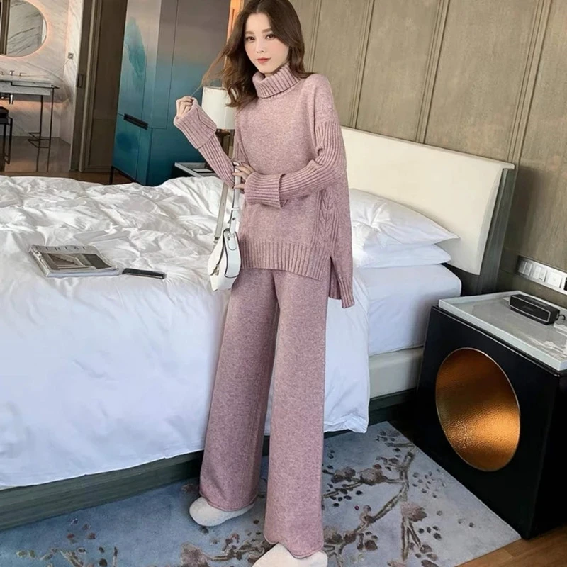 High-end Women's Warm Suit Autumn Women Tracksuit Knitted Suits 2 Piece Set Turtleneck Sweater Pullovers Wide Legs Pants Outfits 2
