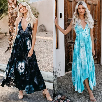

2019 European And American-Style Summer New Style Sexy Backless Halter Bandage Cloth Printed Dress Women's