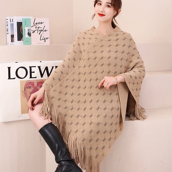 

Fringe Bohemian Poncho Winter Knitted Clothing Oversied Cape Loose Vintage Sweater Jumper Geometry Women Girl Khaki