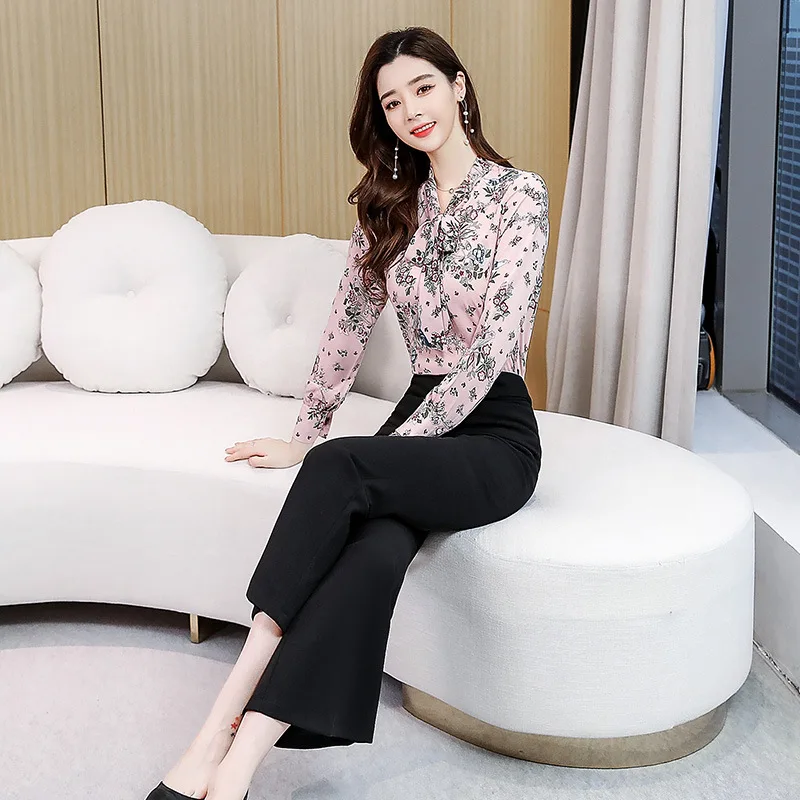 

2020 Spring New Style Elegant Ol Commuting Frilled Bow Printed Shirt-Style High-waisted Bell-bottom Pants Pants Suit