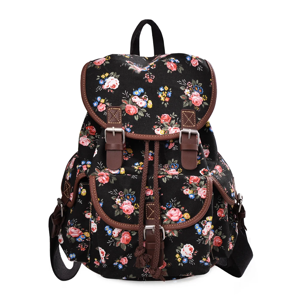 

Women Flower Printed Backpack Soft Handle Adjustable Strap Rucksack Large Capacity Casual Style Packsack with Drawstring