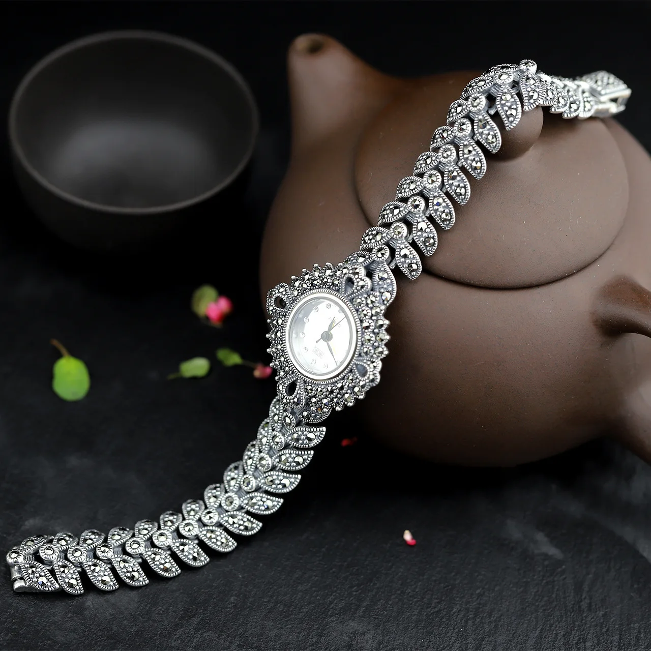 925 Sterling Thai Silver Geometric Bracelet Watch For Women Trendy Vintage Japan Movement Quartz Watch Bracelets Fine Jewelry