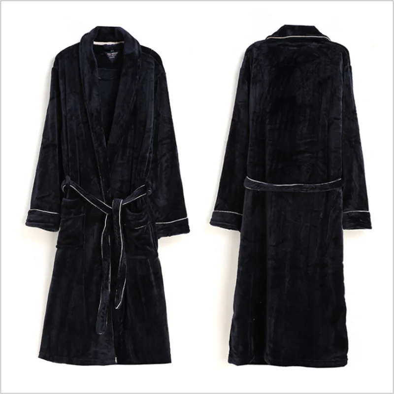 Navy Blue Зимние плотные теплые халаты, мужские кимоно, роскошные фланелевые халаты для влюбленных, мужские домашние халаты с длинным рукавом и поясом, XXXL 130KGS - Цвет: Navy Blue