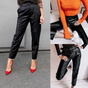 

Spring 2020 Women's Casual Slim Belt PU Leather Pants Faux Leather Black High Waist Ankle-Length Pants