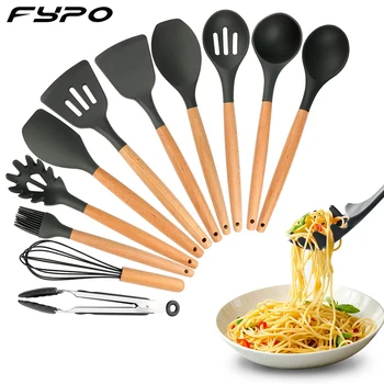 

Black Silicone Cookware Set 11 Pics Kitchenware Spatula Colander Shovel Pasta Cooker Egg Beater Oil Brush Silicone Baking Tools