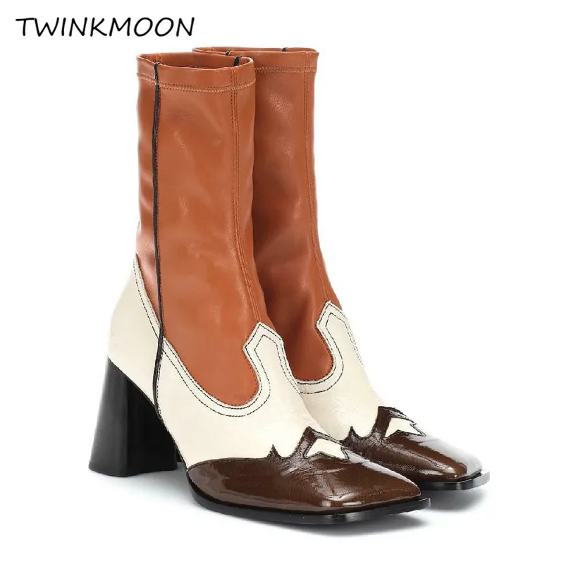 

Fretwork Ankle Boots Slim Fit Sock Boots Square Toe Color Mix Leather Designer Runway Shoes botas mujer 2019