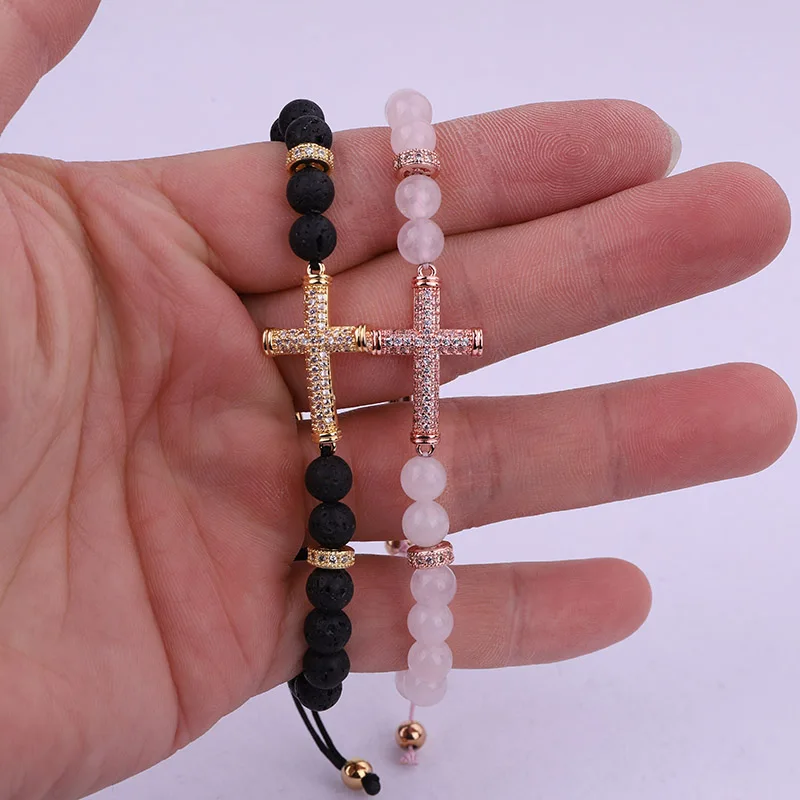 Fashion New Design Women Bracelet CZ Pave Cross Charm Natural Stone Braided Beads Bracelet Women Lady - Image 6