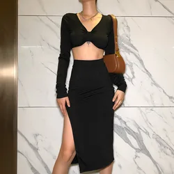 Feminino manga longa colheita superior e inferior vestido de duas peças sólida magro moda festa club wear roupas sexy para mulher novo outono 2021