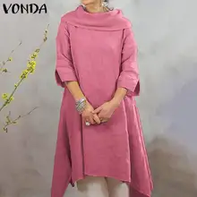 VONDA размера плюс, платье миди, женское, Осеннее, одноцветное, половина рукава, хлопок, длинное платье, повседневные, свободные, вечерние, vestidos robe Femme S-5XL