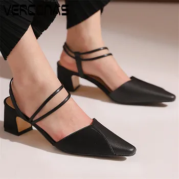 

VERCONAS Women Genuine Leather High Quality Slippers Working Shoes Thick Heel Pointed Toe Thick Heels Sandals Shoes Woman