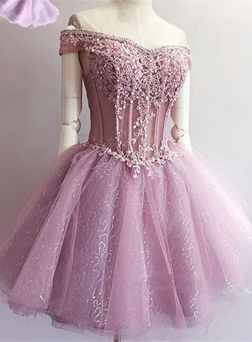 Vestidos para graduacion прозрачный розовый v-образный вырез на плече с кружевной аппликацией, без рукавов на шнуровке сзади