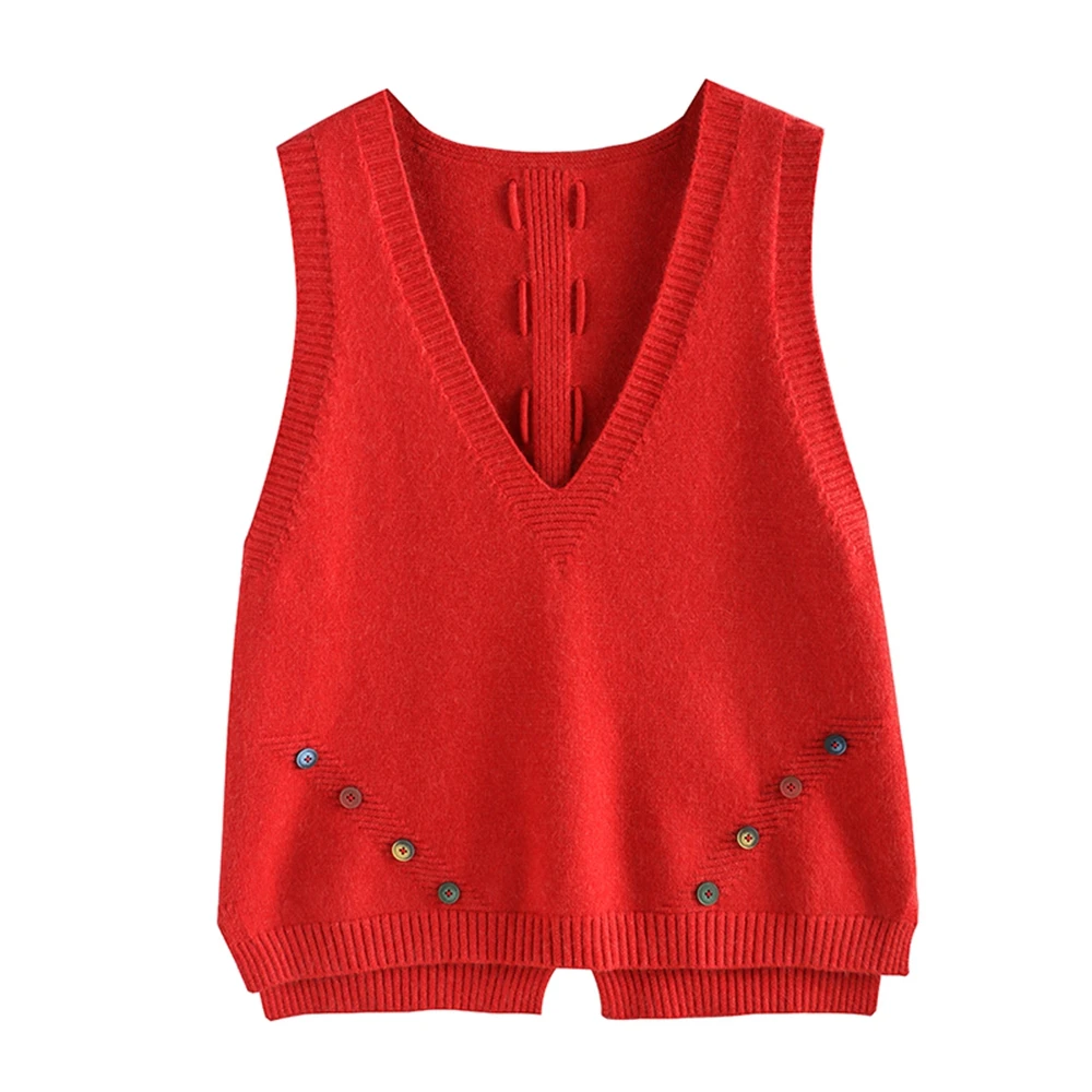 AOEMQ, жилет, свитер, 9 цветов, v-образный вырез, без рукавов, свитер с радужной пуговицей, украшение, жилет, пуловеры, свободная женская одежда - Цвет: red