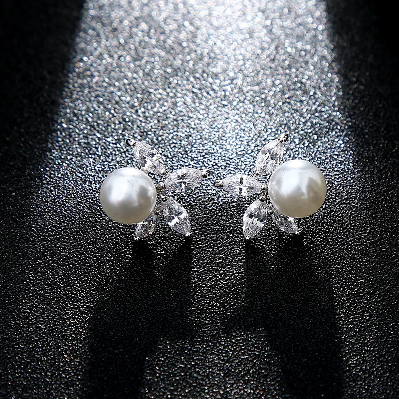 Luxury Crystal Romantic Fashion Set Jewelry Floral Design Pearl CZ Bridal Wedding Jewelry Set Silver Lady Jewelry Accessories